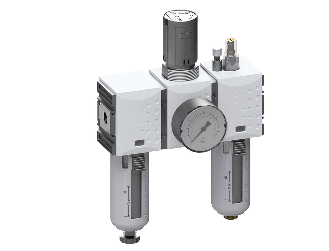 Wartungseinheit G3/8 0,5-16 5µm mit PC-Behälter, Schutzkorb, halbautomatischem Ablass und Manometer G 50.25 R