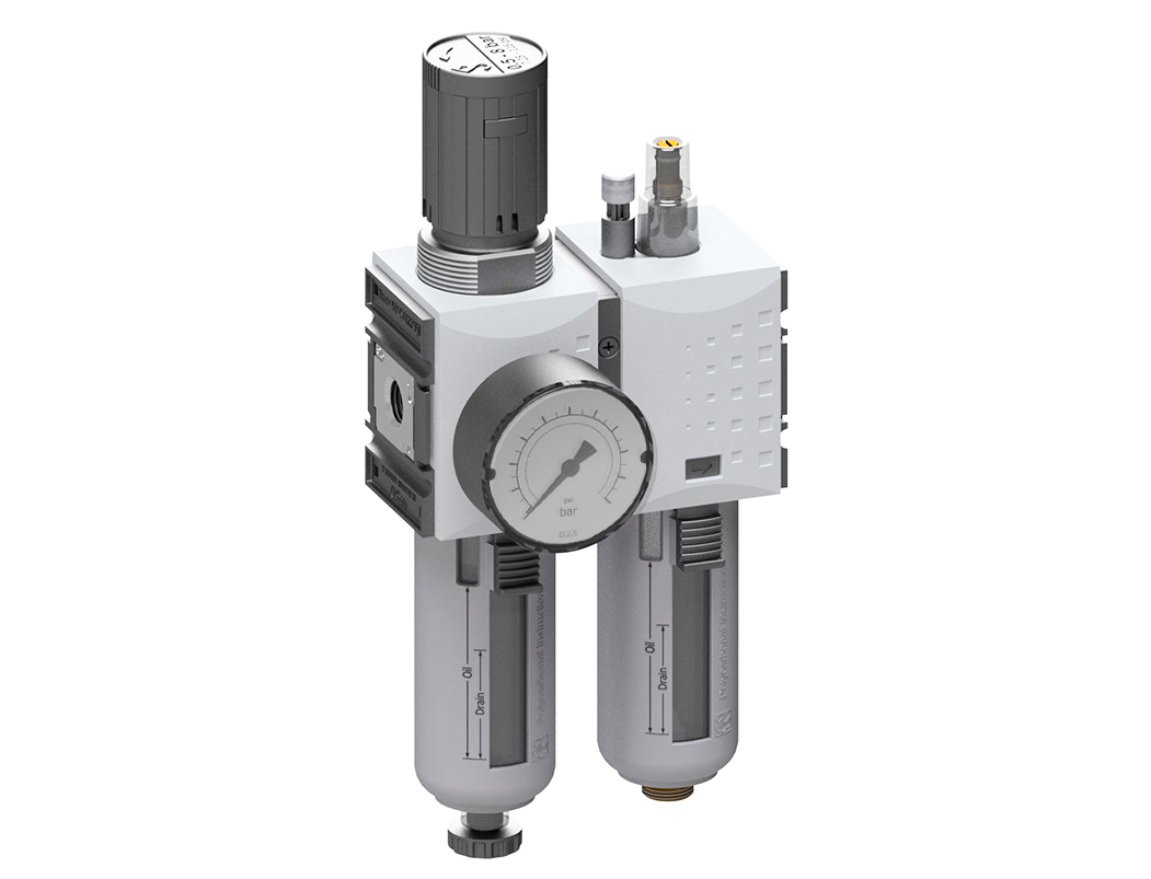 Wartungseinheit G1/4 0,5-16 5µm mit PC-Behälter, Schutzkorb, halbautomatischem Ablass und Manometer G 50.25 R