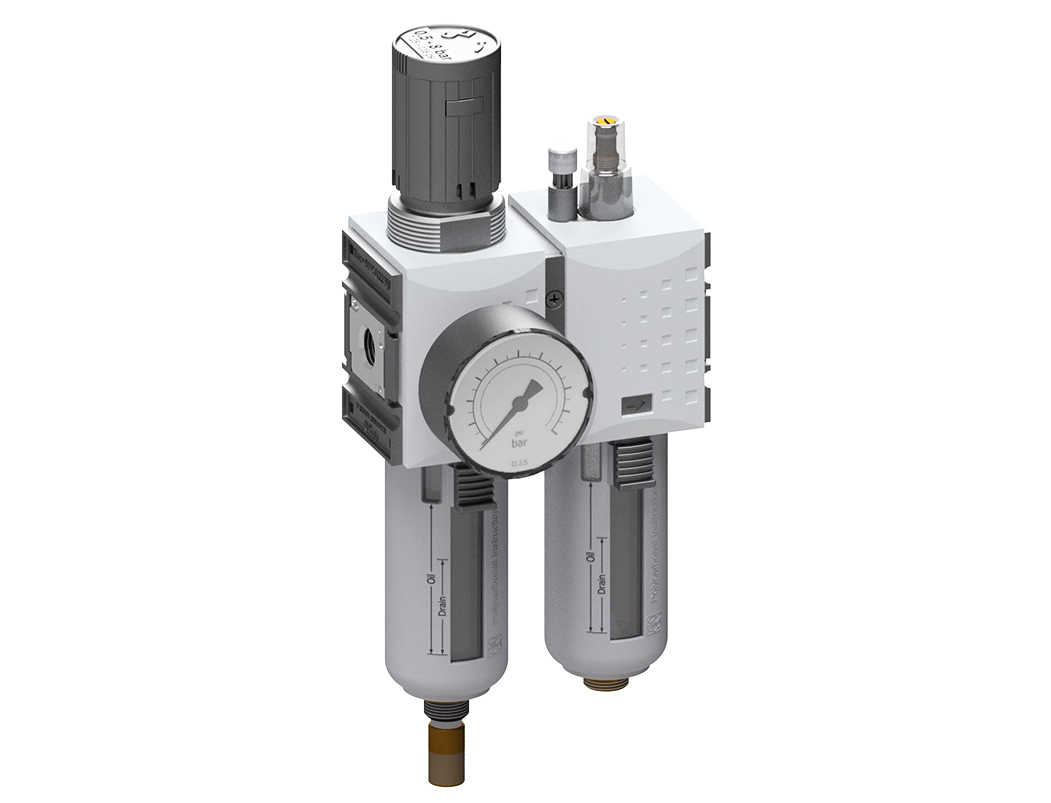 Wartungseinheit G1/4 0,5-8 5µm mit PC-Behälter, Schutzkorb, vollautomatischem Ablass und Manometer G 50.10 R