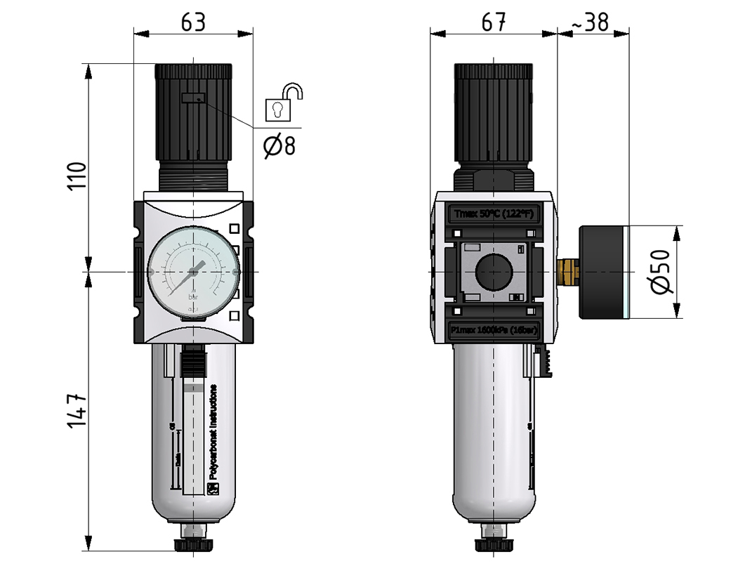 Filter regulator G1/2 0,5-8 5µm with PC bowl, bowl guard, semi automatic drain and gauge G 50.10 R