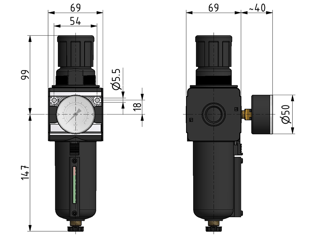 Filter regulator G1/2 0,5-10 5µm with metal bowl/visual display, semi automatic drain and gauge G 50.16 R