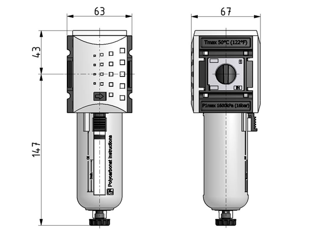 Filter G1/2 5µm mit PC-Behälter, Schutzkorb und halbautomatischem Ablass