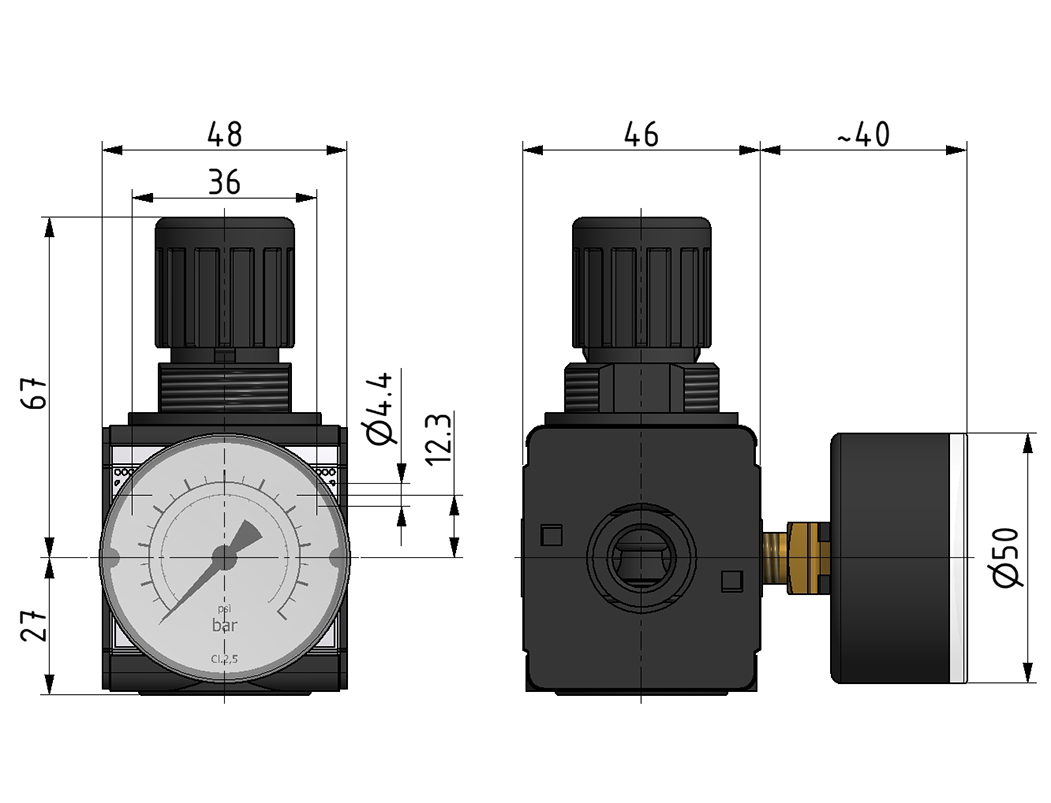 Druckregler G 1/2 – 0,5–10 Bar, 8700 L/min, Rücksteuerbar, Mit Manometer, Für Druckluft Druckregler G 1/2 8700 L/min