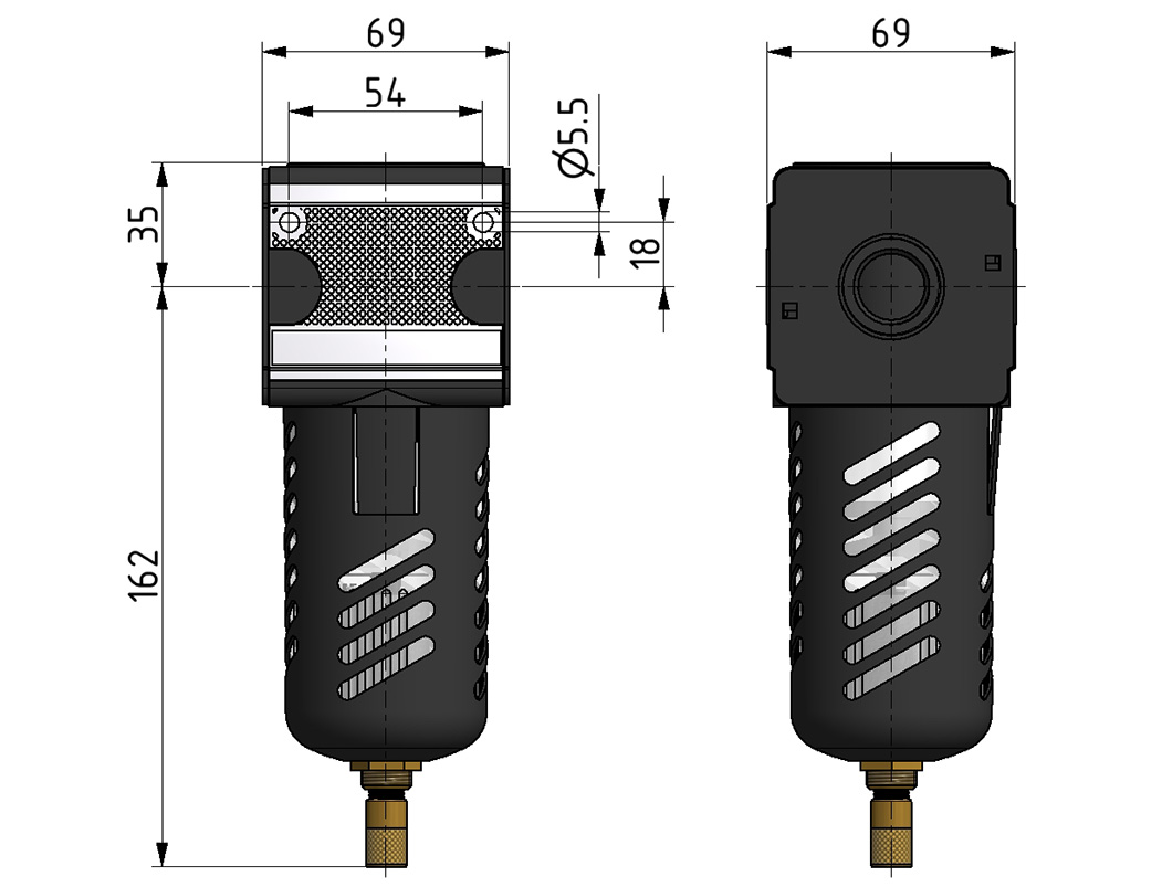 Filter G1/2 5µm with PC bowl, bowl guard and automatic drain