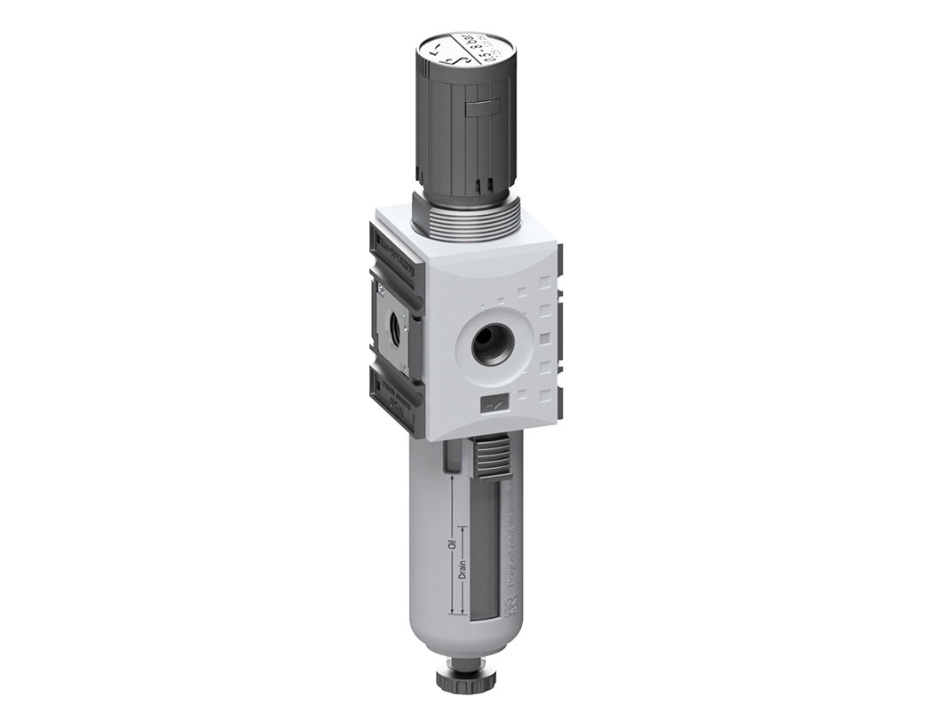 Filterregler G1/4 0,5-16 5µm mit PC-Behälter, Schutzkorb und halbautomatischem Ablass