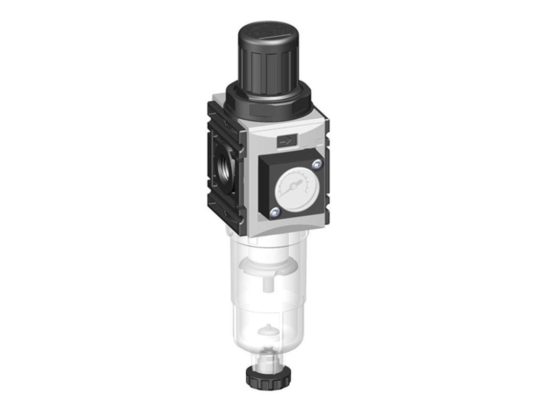 Filterregler G1/4 0,1-4 5µm mit PC-Behälter, halbautomatischem Ablass, integriertem Manometer und Schalttafelmutter